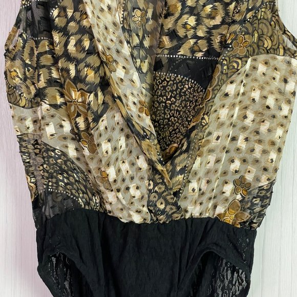 Cache Bodysuit Vintage 10 Black Gold Animal Print Floral Sleeveless Plunge Neck - Picture 3 of 15